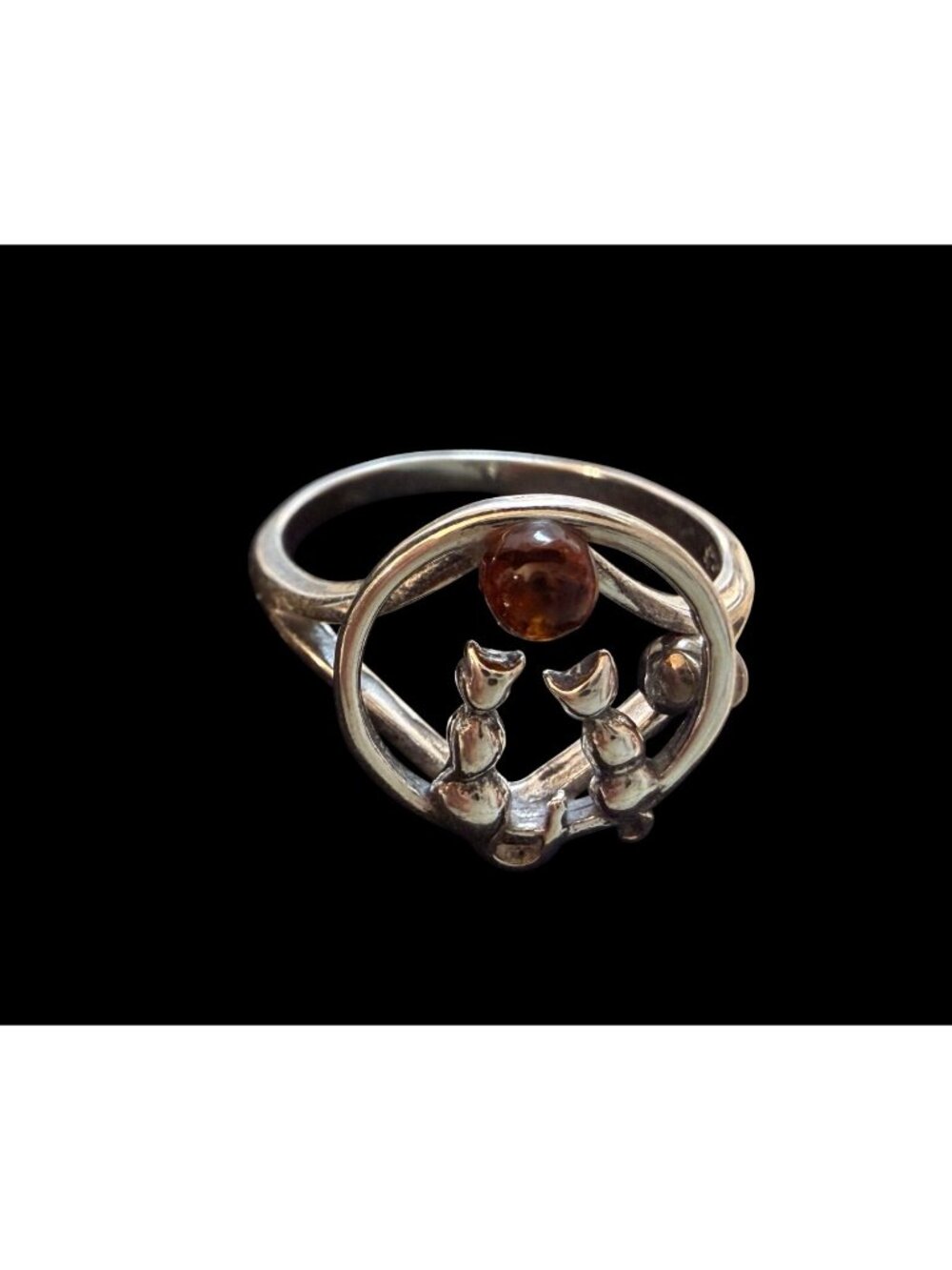 NWOT Artisan Sterling Silver Cat Ring Polish Amber Gemstone Whimsical Gift 3.2g